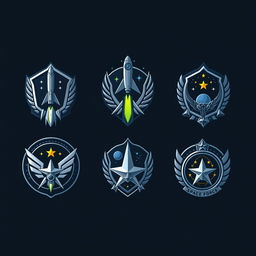 Create a series of detailed and futuristic space force badges and ranks, featuring rocket ships, planetary motifs, stars, and cosmic imagery