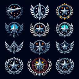 Create a series of detailed and futuristic space force badges and ranks, featuring rocket ships, planetary motifs, stars, and cosmic imagery