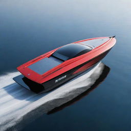 A sleek and efficient speed boat design that incorporates the striking design elements, signature colors, and iconic logo of a Nissan sports car