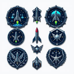 Create a series of detailed and futuristic space force badges and ranks, featuring rocket ships, planetary motifs, stars, and cosmic imagery