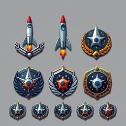 Create a series of detailed and futuristic space force badges and ranks, featuring rocket ships, planetary motifs, stars, and cosmic imagery