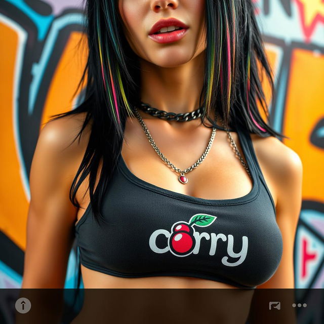 A close-up shot focusing on the torso of a gorgeous female with black hair featuring colorful stripes