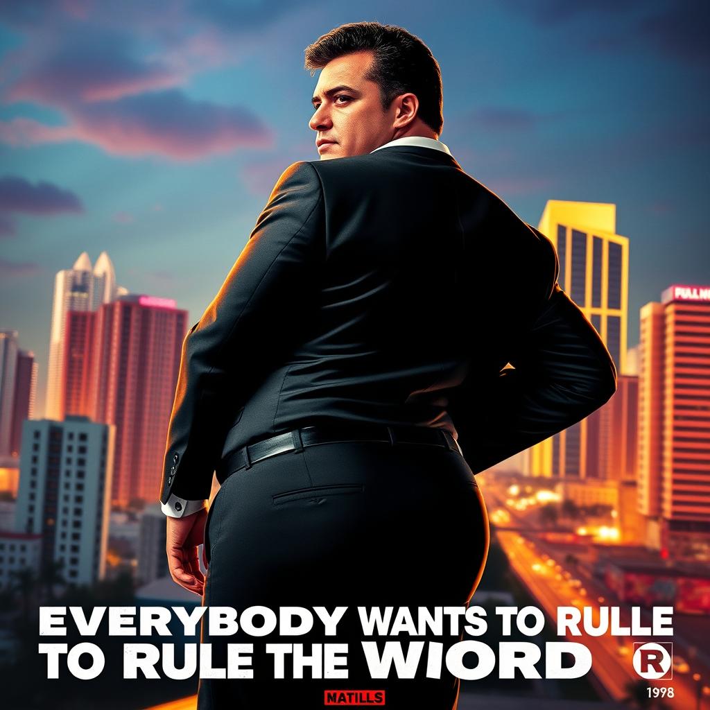 A movie poster featuring a 5'2 tall Colombian man with a face scar, wearing a tight suit that accentuates his dad bod hourglass figure and huge butt