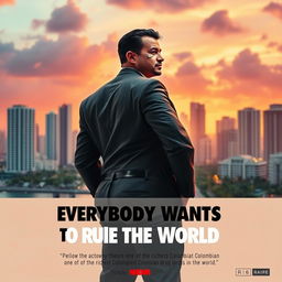 A movie poster featuring a 5'2 tall Colombian man with a face scar, wearing a tight suit that accentuates his dad bod hourglass figure and huge butt