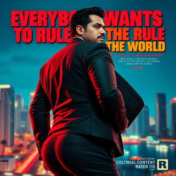 A movie poster featuring a 5'2 tall Colombian man with a face scar, wearing a tight suit that accentuates his dad bod hourglass figure and huge butt