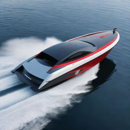 A sleek and efficient speed boat design that incorporates the striking design elements, signature colors, and iconic logo of a Nissan sports car