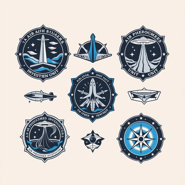 Multiple badges designed for an air phenomenon investigation unit