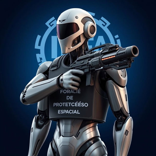 A humanoid robot equipped with a futuristic weapon and wearing a vest labeled "Força de Proteção Espacial"