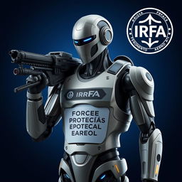 A humanoid robot equipped with a futuristic weapon and wearing a vest labeled "Força de Proteção Espacial"