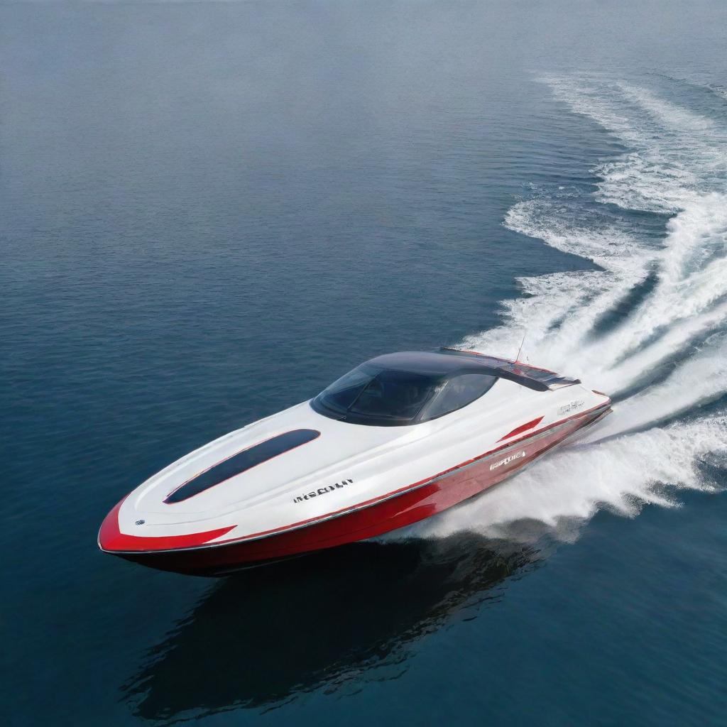 A sleek and efficient speed boat design that incorporates the striking design elements, signature colors, and iconic logo of a Nissan sports car