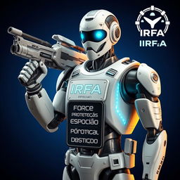 A humanoid robot equipped with a futuristic weapon and wearing a vest labeled "Força de Proteção Espacial"