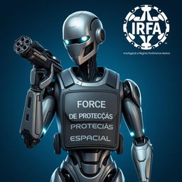 A humanoid robot equipped with a futuristic weapon and wearing a vest labeled "Força de Proteção Espacial"