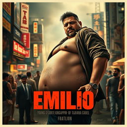 A captivating and gritty movie poster featuring Emilio, a young 24-year-old kingpin of the Tijuana cartel