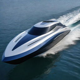 A sleek and efficient speed boat design that incorporates the striking design elements, signature colors, and iconic logo of a Nissan sports car