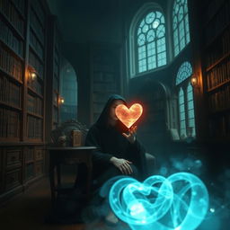 A mysterious figure with a gentle, introspective expression sitting in a quiet library surrounded by towering bookshelves, listening intently to the sounds emanating from an ethereal, glowing heart floating in front of them