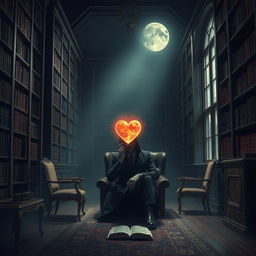 A mysterious figure with a gentle, introspective expression sitting in a quiet library surrounded by towering bookshelves, listening intently to the sounds emanating from an ethereal, glowing heart floating in front of them