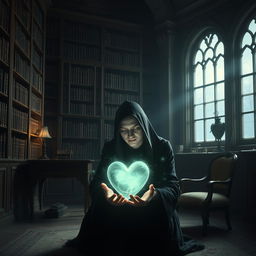 A mysterious figure with a gentle, introspective expression sitting in a quiet library surrounded by towering bookshelves, listening intently to the sounds emanating from an ethereal, glowing heart floating in front of them