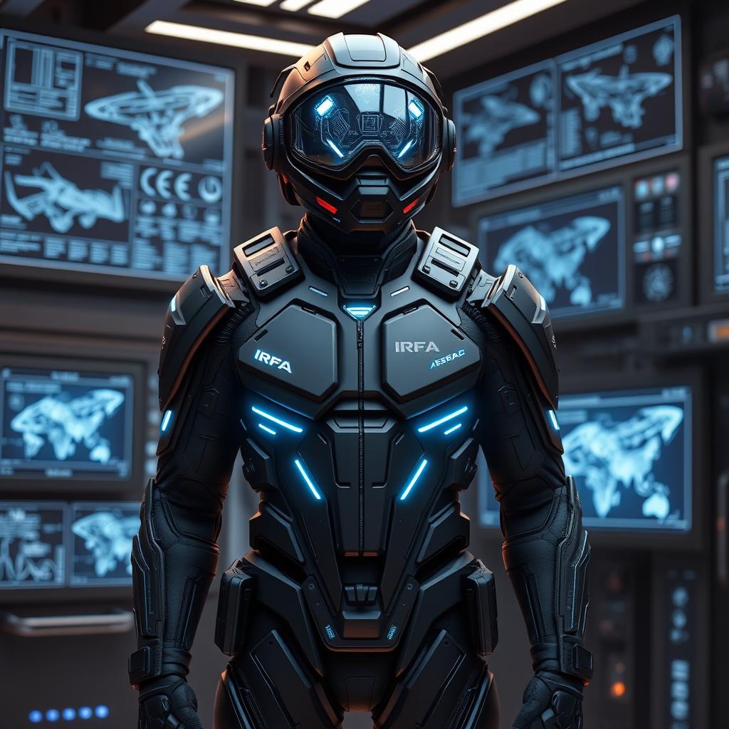 A special combat suit designed for "IRFA" (Investigação e Registo Fenómenos Aereos), featuring advanced technology elements such as integrated communication systems, lightweight yet durable armor, and aerodynamic design