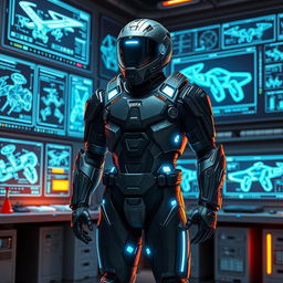 A special combat suit designed for "IRFA" (Investigação e Registo Fenómenos Aereos), featuring advanced technology elements such as integrated communication systems, lightweight yet durable armor, and aerodynamic design