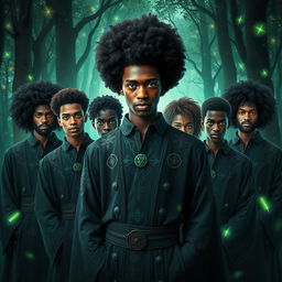 a charismatic young adult magician with dark skin, an impressive afro, and striking green eyes