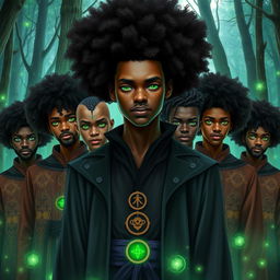 a charismatic young adult magician with dark skin, an impressive afro, and striking green eyes