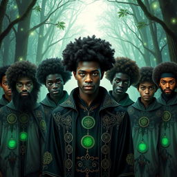 a charismatic young adult magician with dark skin, an impressive afro, and striking green eyes