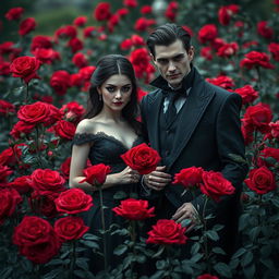 An enigmatic vampire couple stands gracefully amidst a field of blooming red roses