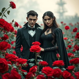 An enigmatic vampire couple stands gracefully amidst a field of blooming red roses