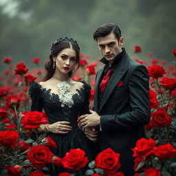 An enigmatic vampire couple stands gracefully amidst a field of blooming red roses