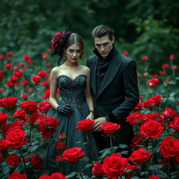 An enigmatic vampire couple stands gracefully amidst a field of blooming red roses