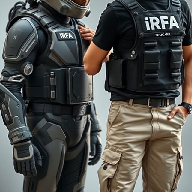 A special combat suit emblazoned with "IRFA (Investigação e Registo de Fenómenos Aereos)"