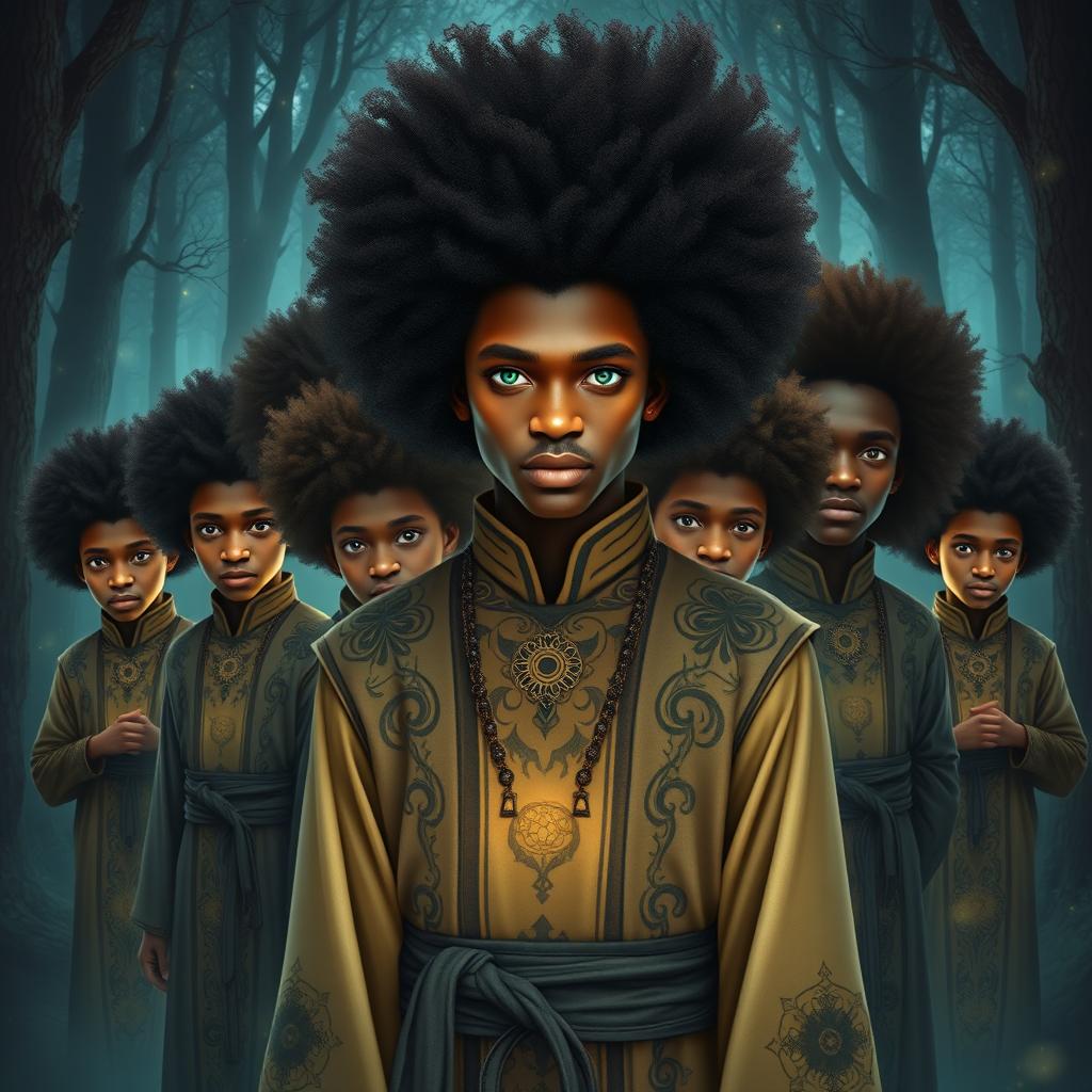 a charismatic young adult charlatan with dark skin, an impressive afro, and striking green eyes