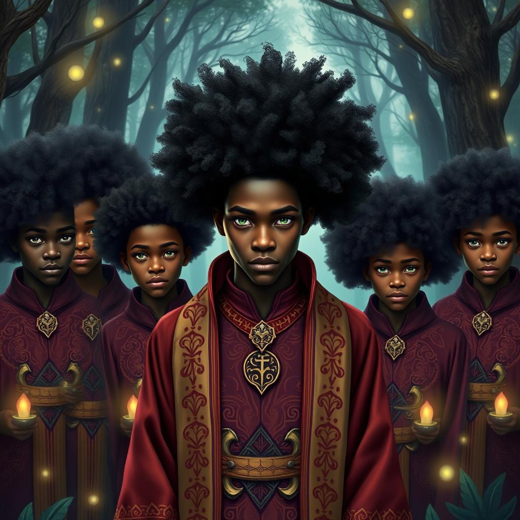 a charismatic young adult charlatan with dark skin, an impressive afro, and striking green eyes