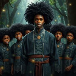 a charismatic young adult charlatan with dark skin, an impressive afro, and striking green eyes