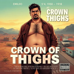 Movie poster illustration featuring Emilio, a 24-year-old man with a stocky build, slightly pudgy stomach, and enormous thighs