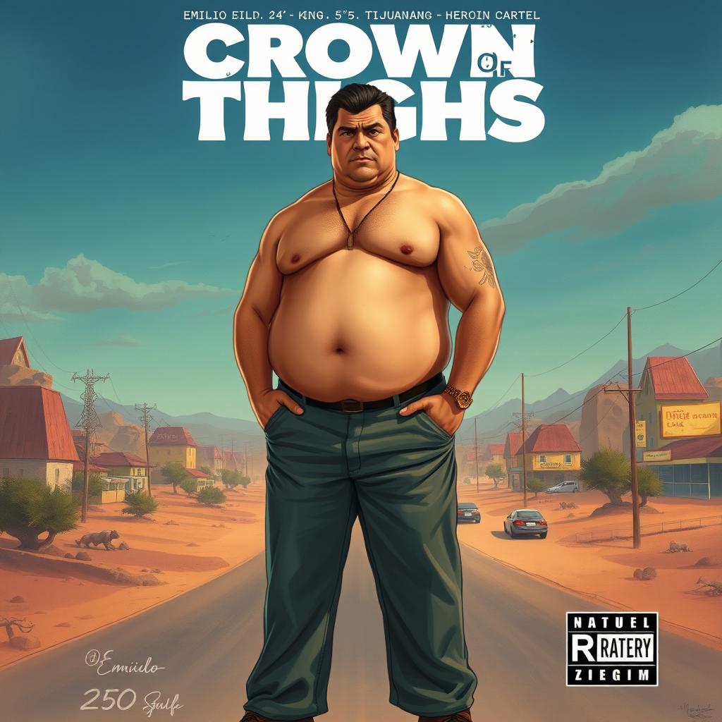 Movie poster illustration featuring Emilio, a 24-year-old man with a stocky build, slightly pudgy stomach, and enormous thighs