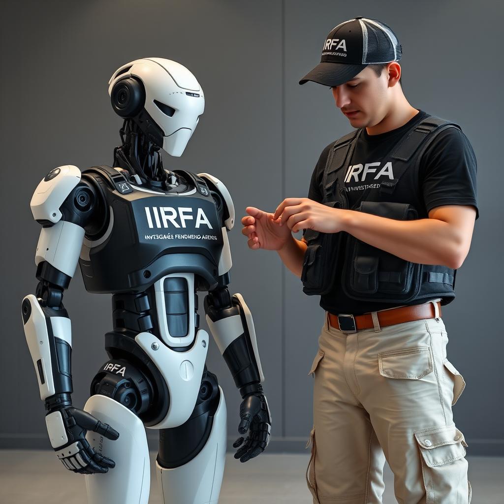 A humanoid robot wearing a special combat suit marked with "IRFA (Investigação e Registo de Fenómenos Aereos)"