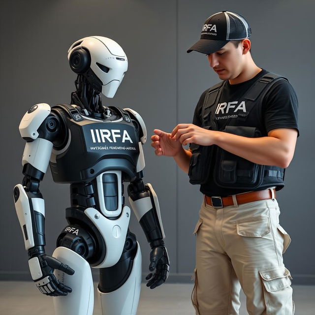 A humanoid robot wearing a special combat suit marked with "IRFA (Investigação e Registo de Fenómenos Aereos)"