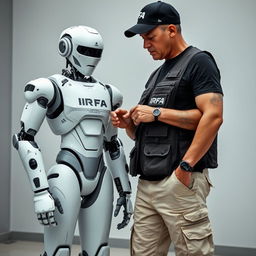 A humanoid robot wearing a special combat suit marked with "IRFA (Investigação e Registo de Fenómenos Aereos)"