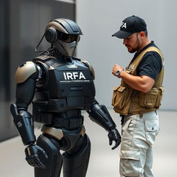 A humanoid robot wearing a special combat suit marked with "IRFA (Investigação e Registo de Fenómenos Aereos)"