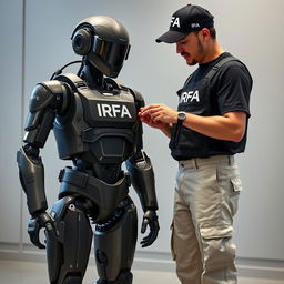 A humanoid robot wearing a special combat suit marked with "IRFA (Investigação e Registo de Fenómenos Aereos)"