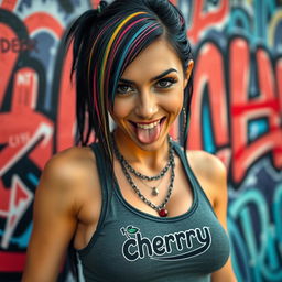 Close-up image of a gorgeous female with black hair featuring colorful stripes, wearing a tank top with a 'cherry' logo