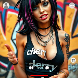 Close-up of a gorgeous female with striking black hair featuring color stripes, wearing a 'cherry' logo tank top that displays a large chest with visible cleavage