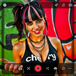 Close-up of a gorgeous female with striking black hair featuring color stripes, wearing a 'cherry' logo tank top that displays a large chest with visible cleavage