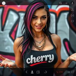Close-up of a gorgeous female with striking black hair featuring color stripes, wearing a 'cherry' logo tank top that displays a large chest with visible cleavage