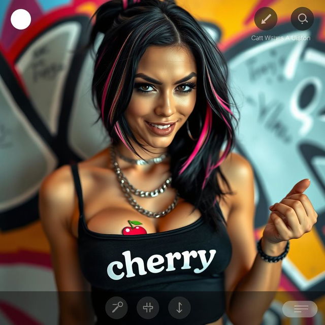 Close-up of a gorgeous female with striking black hair featuring color stripes, wearing a 'cherry' logo tank top that displays a large chest with visible cleavage