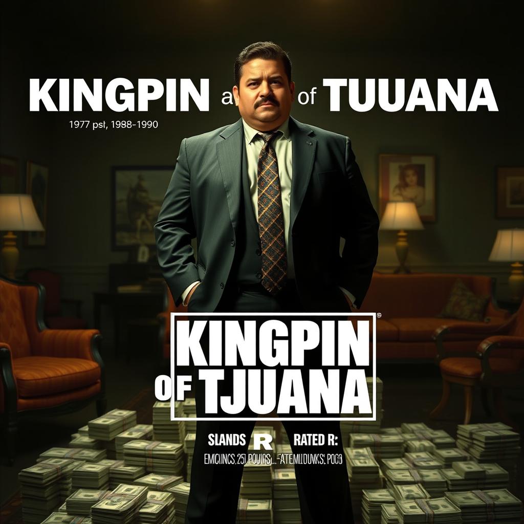 Movie poster titled "Kingpin of Tijuana" featuring Emilio, a 24-year-old man with enormous thighs and a slight pudge in his stomach, weighing 250 pounds at 5'4" tall