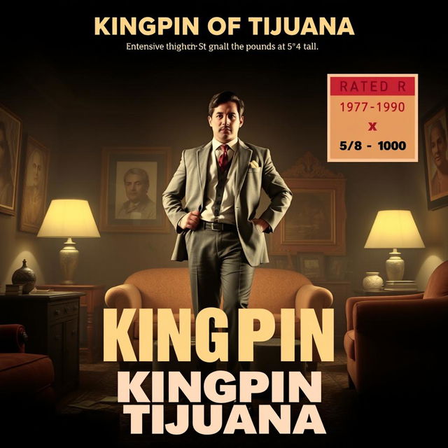 Movie poster titled "Kingpin of Tijuana" featuring Emilio, a 24-year-old man with enormous thighs and a slight pudge in his stomach, weighing 250 pounds at 5'4" tall