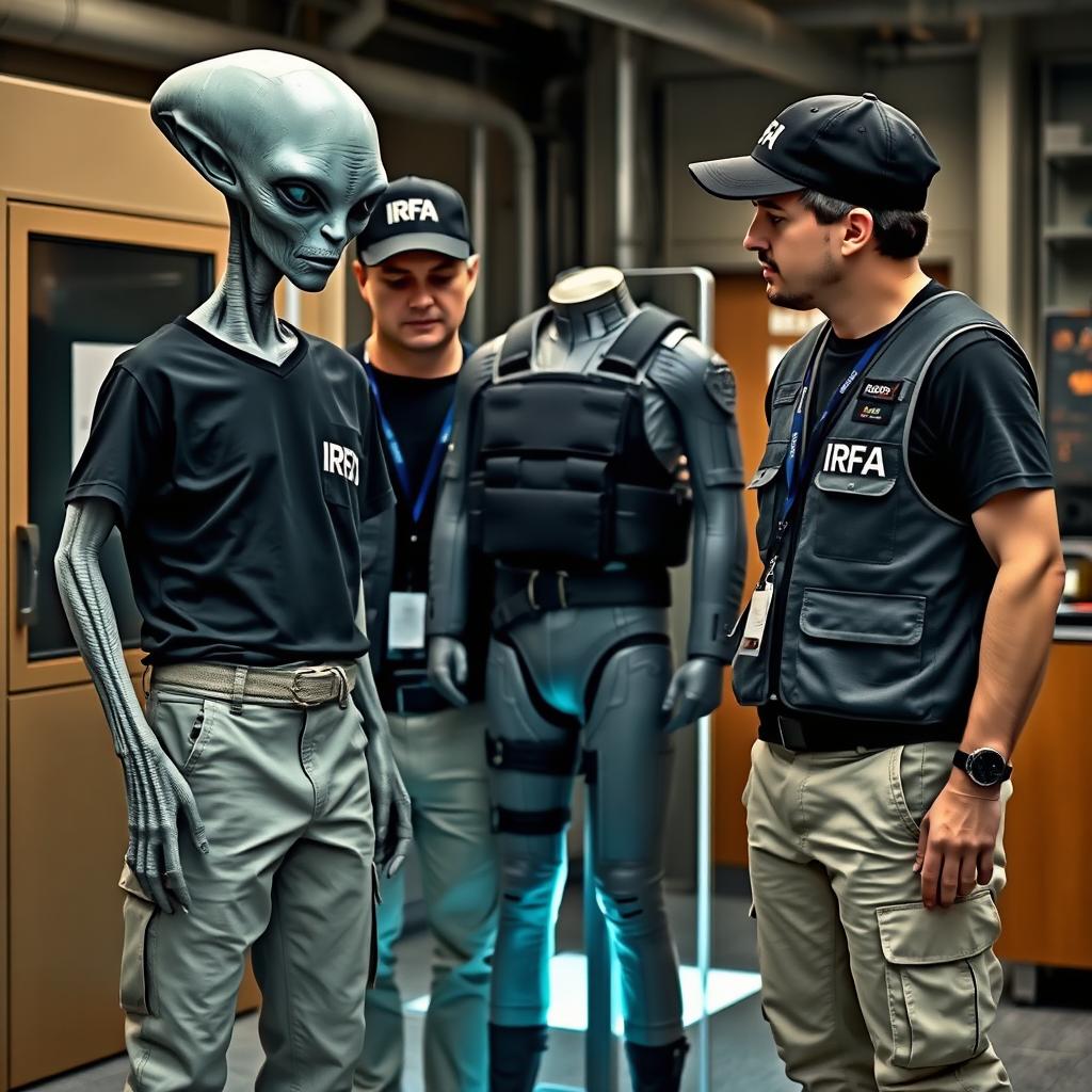 A Grey alien standing next to two people, each wearing a black t-shirt and an investigator vest featuring "IRFA" inscriptions