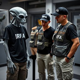 A Grey alien standing next to two people, each wearing a black t-shirt and an investigator vest featuring "IRFA" inscriptions